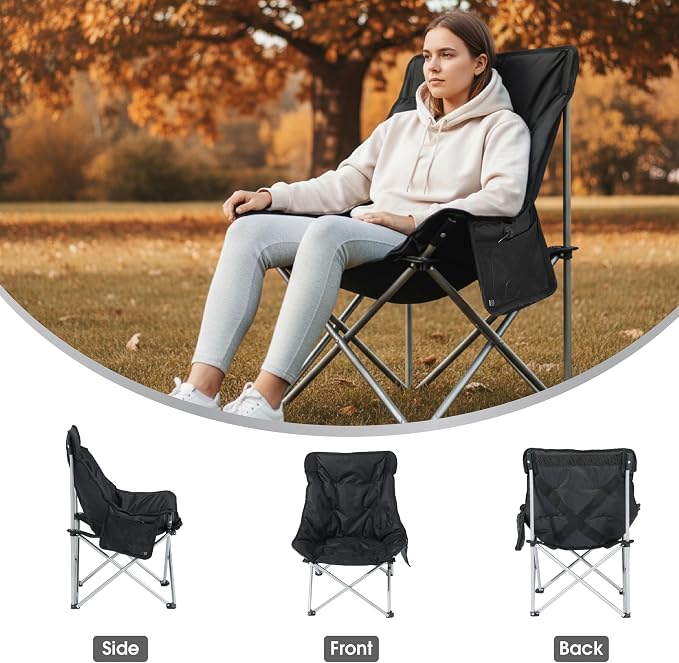 SunSettler Heated Camping Chair, Oversized Heated Outdoor Chairs for Adults with 3 Heat Levels, Portable Folding Padded Chair for Camp, Lawn, Sports (Battery NOT Included) (Black, Small)