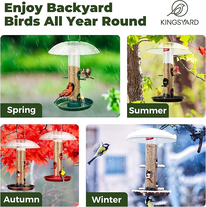 Kingsyard Metal Bird Feeders for Outdoors Hanging, Wild Bird Feeder with Large 11.5" Protective Dome and 8" Removable Tray, 3 lb Seeds Capacity (Black)
