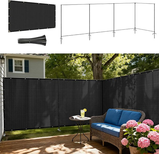 Windscreen4less Outdoor Privacy Fence Screen, 6'x100' Freestanding Privacy Fencing Set with Iron Poles and Ground Spikes, UV Resistant Mesh Cover Garden Pet Fencing for Backyard Patio Pool, Black