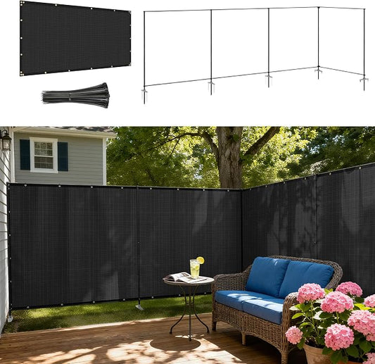 Windscreen4less Outdoor Privacy Fence Screen, 6'x36' Freestanding Privacy Fencing Set with Iron Poles and Ground Spikes, UV Resistant Mesh Cover Garden Pet Fencing for Backyard Patio Pool, Black