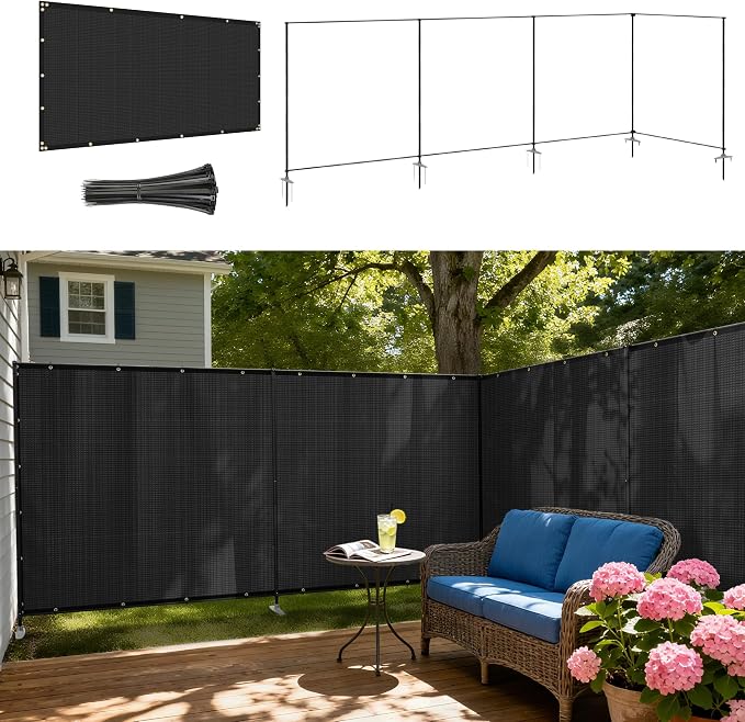 Windscreen4less Outdoor Privacy Fence Screen, 6'x48' Freestanding Privacy Fencing Set with Iron Poles and Ground Spikes, UV Resistant Mesh Cover Garden Pet Fencing for Backyard Patio Pool, Black