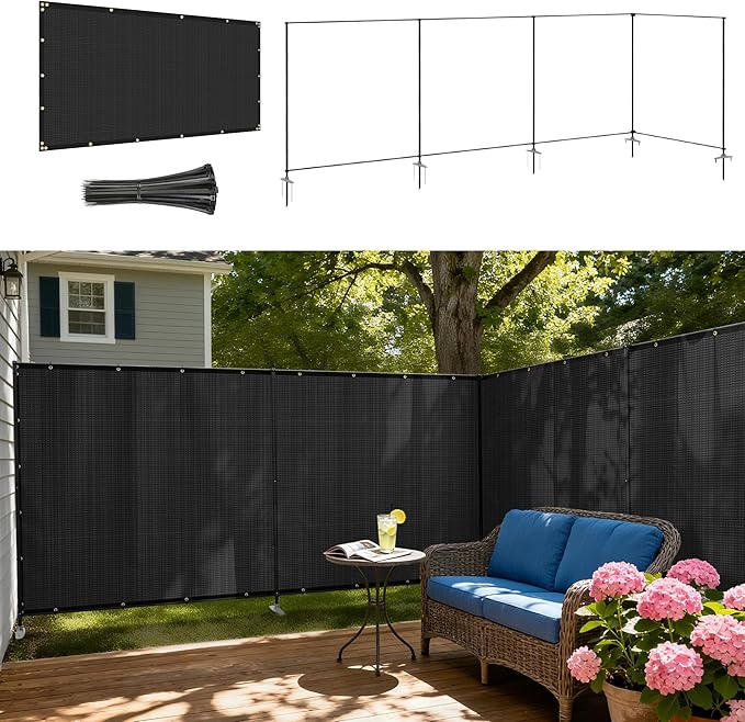 Windscreen4less Outdoor Privacy Fence Screen, 6'x77' Freestanding Privacy Fencing Set with Iron Poles and Ground Spikes, UV Resistant Mesh Cover Garden Pet Fencing for Backyard Patio Pool, Black