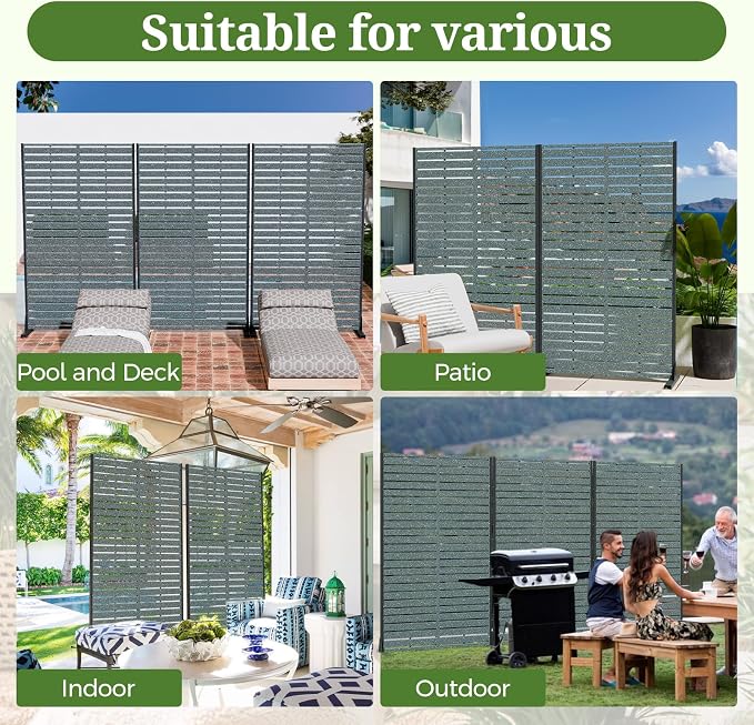 Privacy Screen Outdoor 60" Hx35 W Freestanding Privacy Panel with Stand, HDPE Decorative Privacy Fence with Louver Pattern 5 Panels, Patio Divider Screen, Privacy Screens for Outside