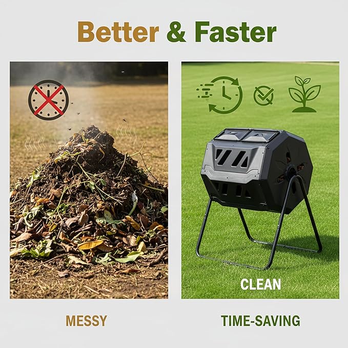 Outdoor Tumbling Composter, 43 Gallon Black Door, Fast Assemble Tumbling Composter, Dual Chamber Composter Tumbler, Rotating Compost Bin for Outside, Backyard, Garden and Yard