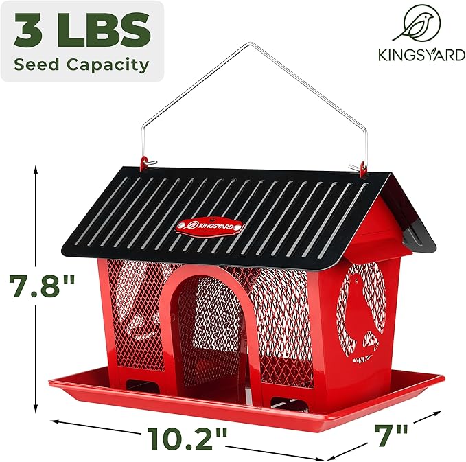 Kingsyard Bird Feeder for Outdoors Hanging, Dual-Use Metal Mesh Wild Bird Feeders with Seed Tray & Weatherproof Roof, 3 lbs Large Capacity, Red