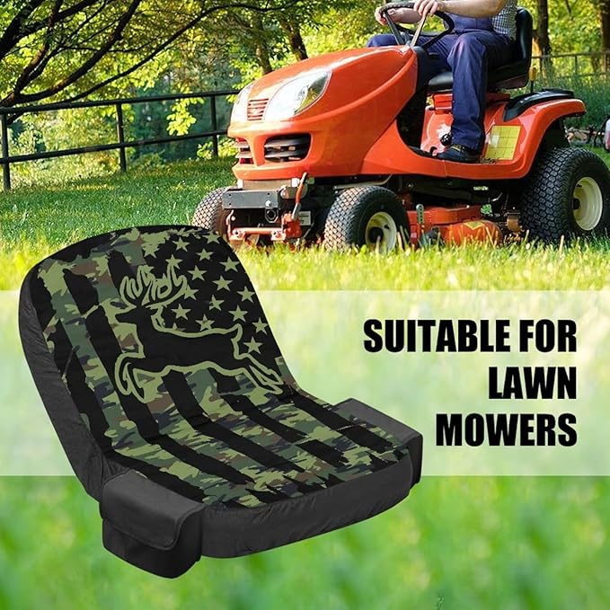 American Flag Tractor Seat Cover with Drink Pouch Deer Lawn Mower Seat Cover Protector with Elastic Edge Non Slip Tractor Accessories Gift for Friends