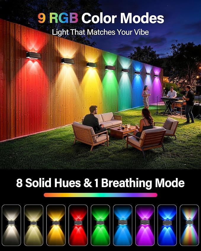 Solar Fence Lights Outdoor, 16 Pack 100LM Fence Lights Solar Powered Waterproof, 9 Color Modes, Up & Down LED Focused Beam, 12H Dusk to Dawn Glow for Pool/Patio/Wall/Backyard - Black