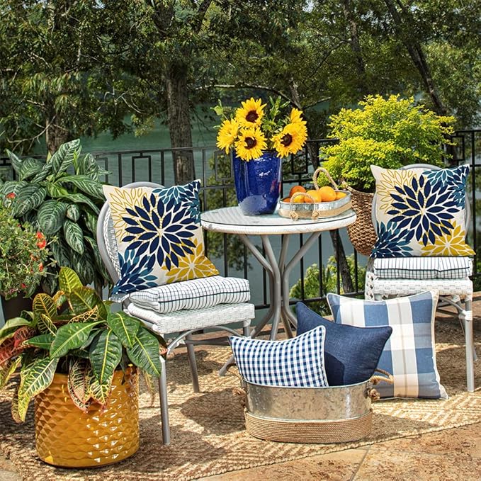 DFXSZ Blue Yellow Flower Pillow Covers 18x18 Inch Set of 2 Outdoor Throw Pillows Outdoor Waterproof Decor for Living Room Sofa Patio Funiture Garden Floral Polyester Pillow Covers 012D18