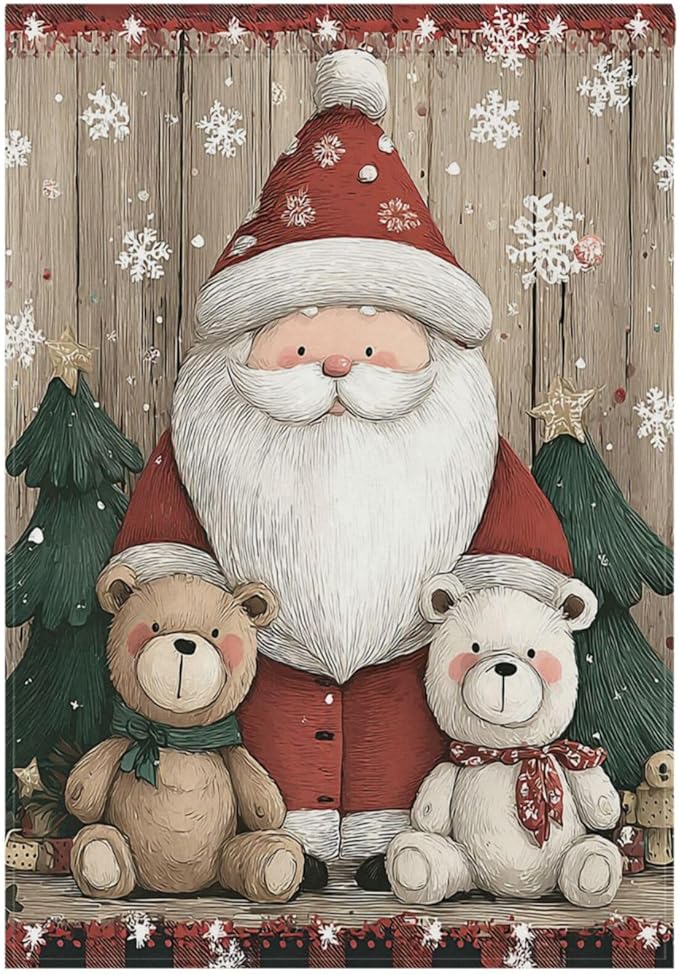 Pfrewn Christmas Winter House Flag 28x40 Double Sided Cute Santa Claus with Bear Wodden Large Garden Yard Flags Welcome Seasonal Outdoor Indoor Banner for Xmas Holiday Yard Home Decoration