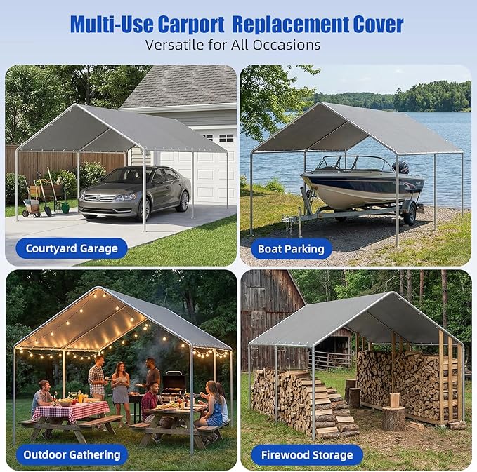 10x20Ft Carport Replacement Canopy Cover, Heavy Duty Waterproof Garage Top Shelter Cover Car Canopy with Ball Bungees,Gray(Frame Not Include)
