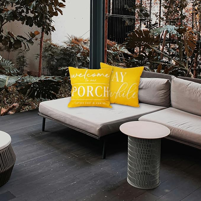 TAJWE Yellow Outdoor Pillow Covers Waterproof 16x16 Set of 2 Welcome to Our Porch Stay Awhile Cushion Cases for Patio Furniture Sofa Couch Decor