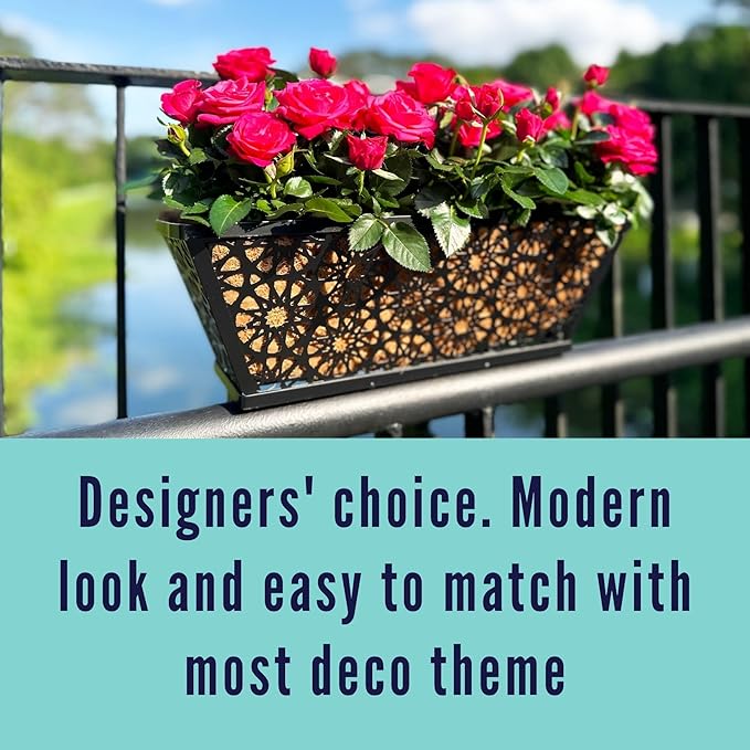 LaLaGreen Window Planter Boxes for Outdoor Plants (16 Inch, 4 Pack) Black Metal Wall Hanging Planters Deck Railing Flower Box with Coco Liners, Unique Horse Troughs Balcony Pots Patio Porch Over Rail