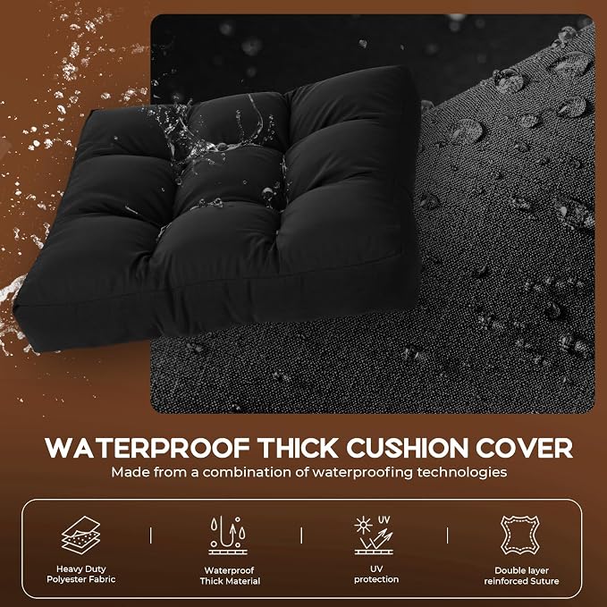 22x22 Waterproof Outdoor Chair Cushions Set of 2, Patio Cushions for Outdoor Furniture Water-Resistant & Fade-Resistant, Deep Seat & Back Cushion for Wicker Sofa (Black)