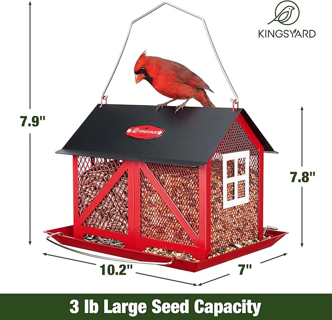 Kingsyard Metal Bird Feeder for Outdoors Hanging, 2-in-1 Wild Bird Feeder with Seed Tray & Built-in Perch, 5 lb Large Capacity for Cardinal Chickadee Finch, Red