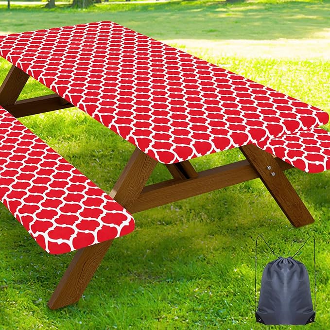 Smiry Picnic Table Cover with Bench Covers, Waterproof Elastic Fitted Tablecloth for 5 Foot Tables, Washable Polyester Tablecloths for Camping, Indoor & Outdoor (Red, 30x60 Inch 3-pc Set)