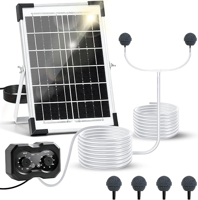 Yeomi 6W Solar Oxygen Pump, Solar Pond Aerator, Split Design Aquarium Oxygen Pump with Dual Air Ports, 5/10H Working Mode, Solar Aerator for Pond, Fish Tank, Aquarium, Hydroponics