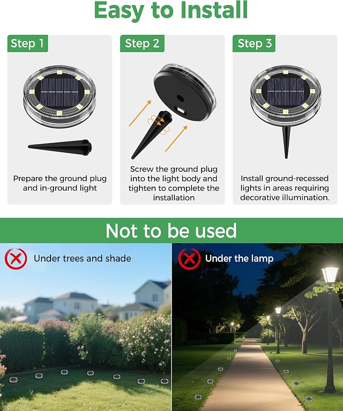 LOTMOS 20 Pack Solar Ground Lights Outdoor, 8 LED Solar Flat Lights IP68 Waterproof Disc Light, Landscape Lighting Solar Powered for Garden Yard Path Driveway Lawn Patio Walkway, Warm White
