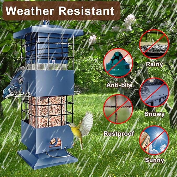 Squirrel Proof Bird Feeder, 3LBS Anti-Squirrel Bird Feeders for Outdoors Hanging,Weight-Activated Perches Metal Wild Birdseed Feeders for Cardinal Blue Jay Outside (Blue)