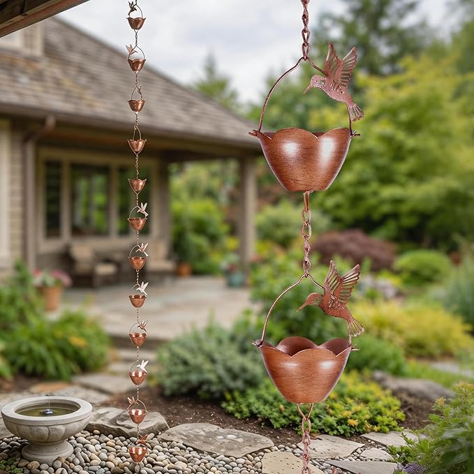 Topadorn Hummingbird Rain Chain, 7.85 ft Decorative Metal Gutter Chain with 12 Cups, Weatherproof Water Diverter for Outdoor Garden