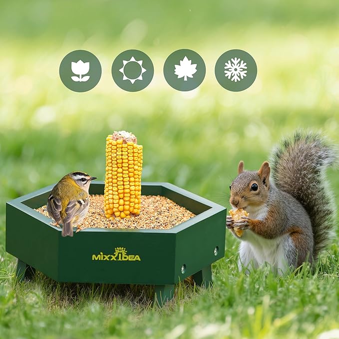 MIXXIDEA Ground Bird Feeder for Outdoors, Wooden Mesh Seed Tray for Bird Feeders, Great Attracting Garden Yard Decoration for Wild Birds Squirrels Chicken Dove, Green