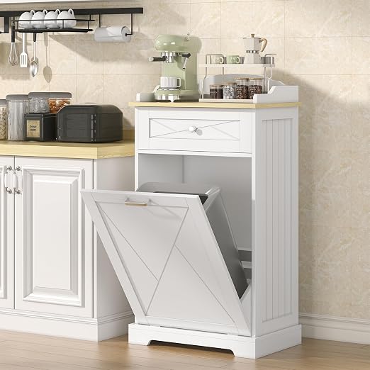 kepptory Tilt Out Trash Can Cabinet, 12 Gallon Farmhouse Laundry Hamper Cabinet with Drawer, Hidden Wooden Trash Garbage Can Bin with Storage Basket for Kitchen, Living Room (White)