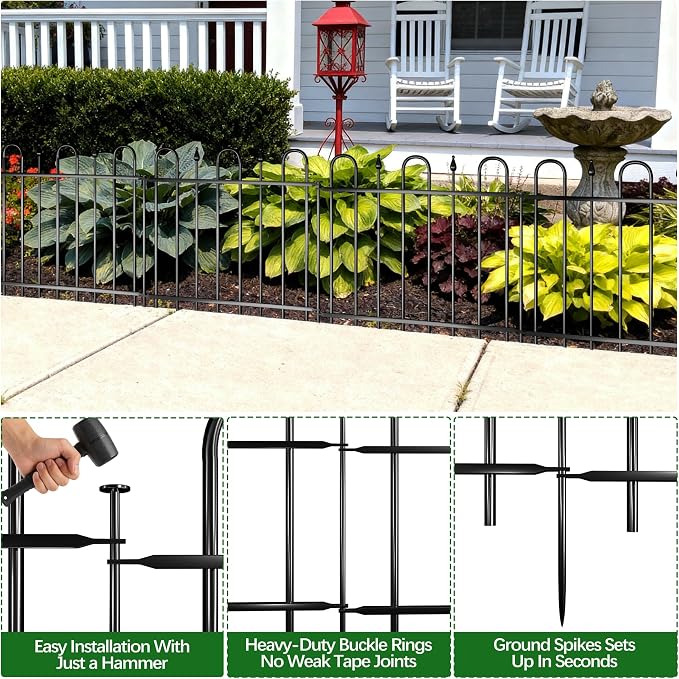 24.3ft(L) x 24in(H) 10 Panels Metal Decorative Garden Fence, No Dig Animal Barrier Fence, Garden Border Fence Panels with Ground Stake, for Pets, Flower Bed, Yard, Patio