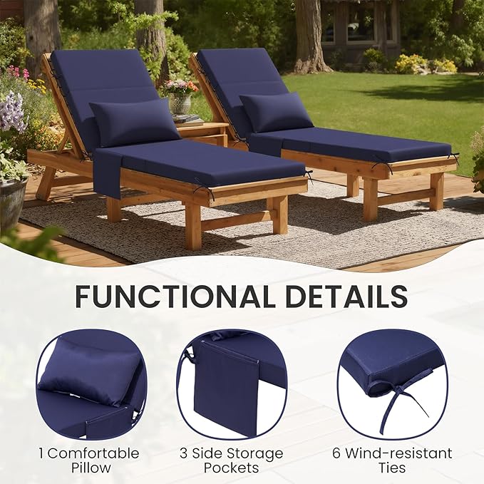 Crestlive Products Foldable Outdoor Chaise Lounge Cushions with Head Pillow and Side Pockets,Water Repellent & Fade Resistant Lounge Chair Cushion, 72''L x 21''W, Navy