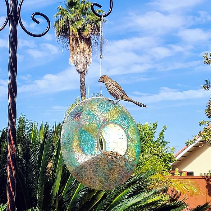 DUSVALLY 9" H Round Fly Through Bird Feeder Squirrel Proof for Garden Wild Seed, Crackled Glass Mosaic Outdoor Hanging Feeder for Bird Lovers, Blue & Yellow