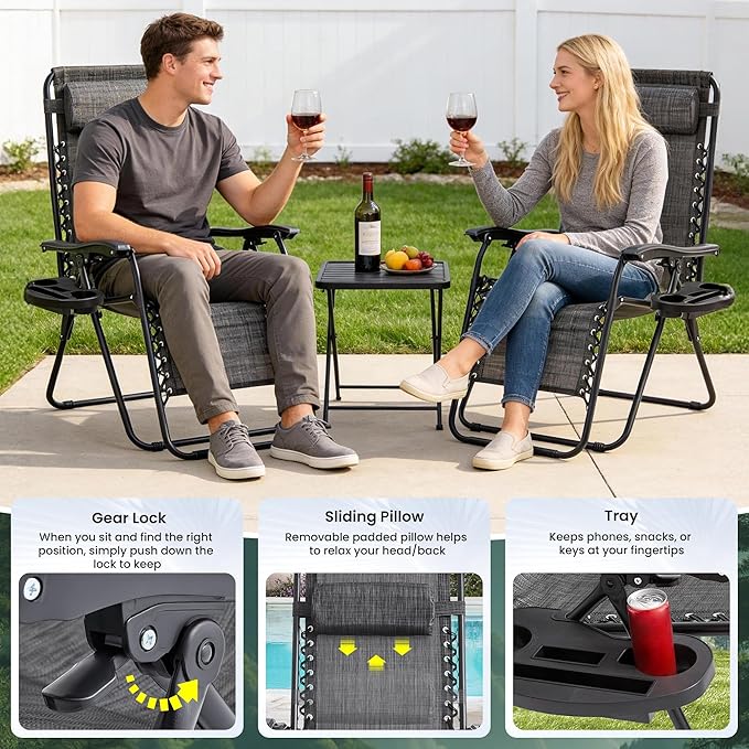 Zero Gravity Chair Set of 4 Oversized Folding Recliner, Padded Anti Gravity Lounge Chair with Adjustable Pillow & Cup Holder for Outdoor Camping, Patio, Poolside, Lawn (Gray)