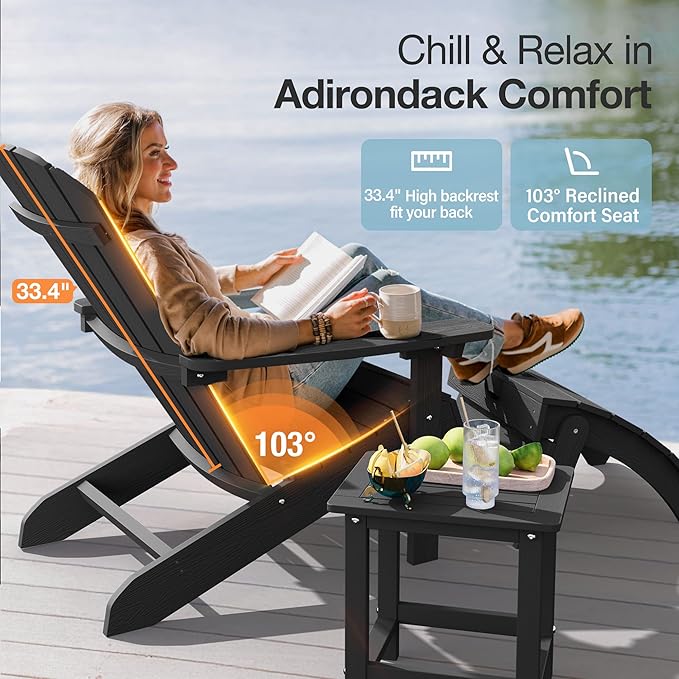 YEFU Adirondack Chairs Set of 2: Outdoor Chair HIPS Plastic Adirondack Chairs - Patio Chairs with Wood Texture - Lawn Fire Pit Deck Porch Garden Chairs for Adults (Black)