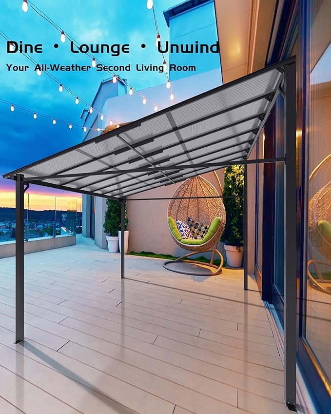 GarveeLife 10 ft x 10 ft Lean to Gazebo, Hardtop Wall Pergola with Polycarbonate Roof, Aluminum Frame Mounted Gazebo for Lawn Patio Deck Yard and Party