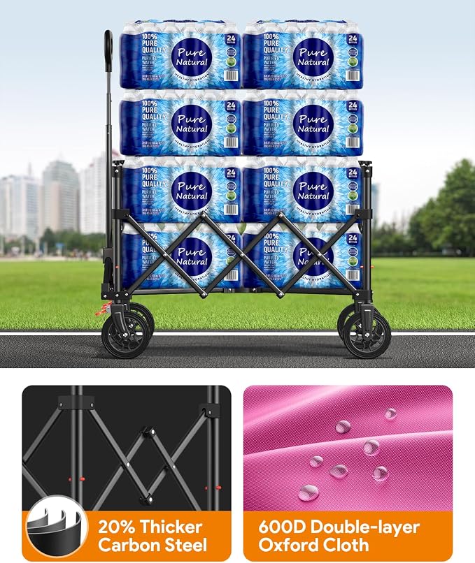 Wagons Carts Foldable, Collapsible Foldable Wagon 330lbs Capacity, Large Capacity Wagon Cart with All-Terrain Wheels,Heavy Duty Utility Wagons Cart with Brakes for Camping Shopping Sports, Pink