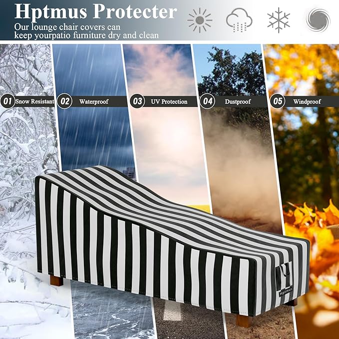 2Pcs Outdoor Chaise Lounge Covers - Patio Chaise Lounge Covers Waterproof, Heavy Duty, 82"L x 30"W x 31"H, Black & White Stripe