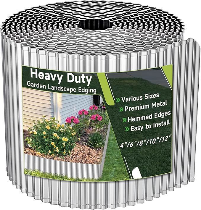 Corrugated Garden Edging, 12"×10Ft Galvanized Steel Landscape Edging & Lawn Edging Border, Metal Garden Border for Flower Beds, Garden，Lawn，Raised Beds & Tree Surrounds (Silver)