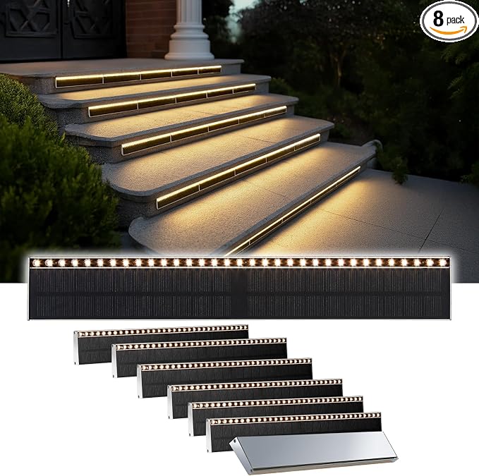 SHONELIGHTING Solar Step Lights for Outside, 33 Focused-Beam High-Brightness LEDs, Waterproof Aluminum Outdoor Stair Light for Risers, Curbsides, Poolsides, Planter Edges (Warm White, 8Pack)