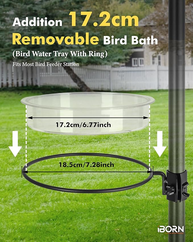 iBorn Bird Feeders Station Water Tray and Ring for 1” Pole Stand Station Outdoor Accessory for Humming Bird Feeders for Outside,5SECOND to Install,Fit for 1 Inch Pole,1 Inch Wooden Stick,1 Set