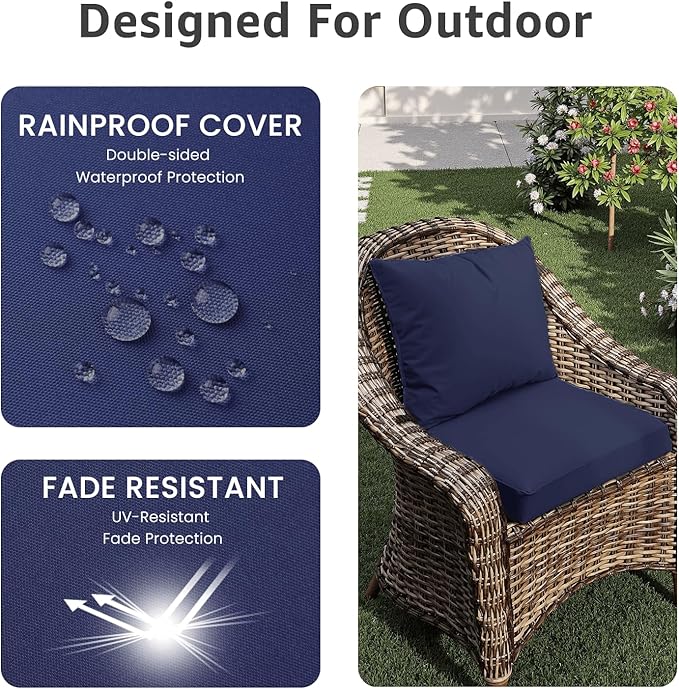 PatioGlow Outdoor Seat Cushion Set 24 x 24 x 4 Inch, Waterproof & Fade Resistant Patio Furniture Cushions with Removable Cover and Ties, Thick Deep Seating Pads for Outside Chair Sofa Couch, Dark Blue