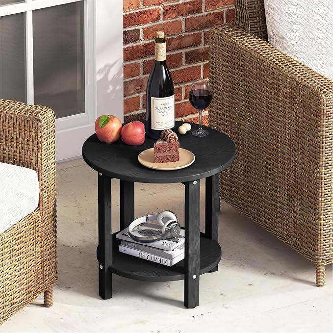 HDPE Outdoor Side Table for Patio, 18.1-Inch Weatherproof Small Outdoor Table for Adirondack, 2-Tier Round End Table for Garden Backyard Porch Deck Balcony Poolside (Black)