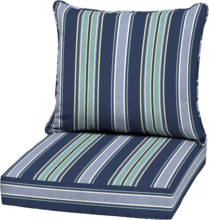 Arden Outdoor Deep Seat Cushion Set, 22 in x 24 in, Weather-Proof, Rain-Proof, Fade Resistant Patio Cushion Sapphire Aurora Blue Stripe