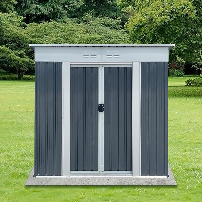KEIKI 6x4 FT Outdoor Storage Shed with Pent Roof and Lockable Sliding Door, Small Waterproof Galvanized Steel Storage House with Aluminum Alloy Frame for Garden, Backyard, Patio, Lawn, Grey & White