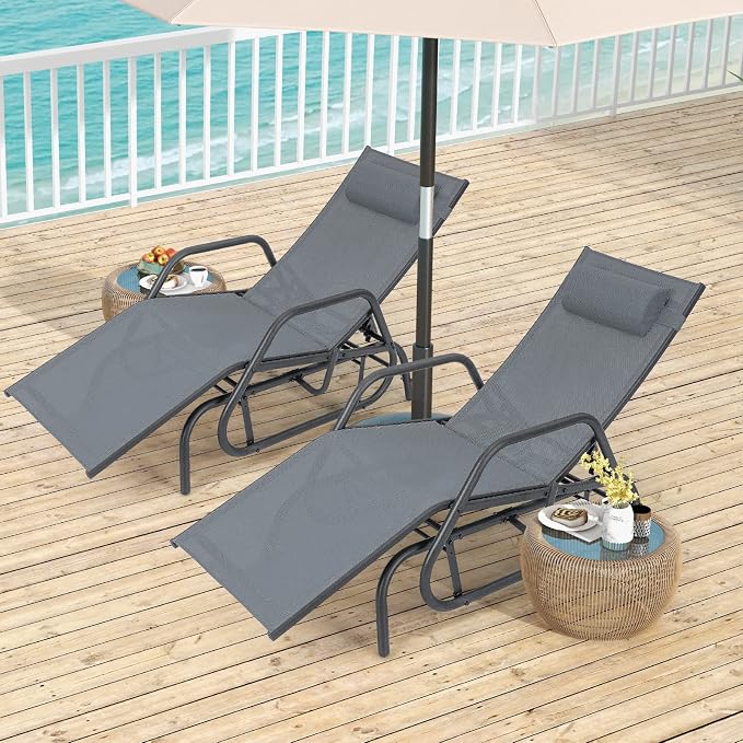 Tangkula Outdoor Glider Recliner Chair, Adjustable Backrest Patio Gliding Lounger Chair with Armrests and Pillow, Outdoor Swinging Rocking Chair with Breathable Fabric for Poolside, Backyard (2, Grey)