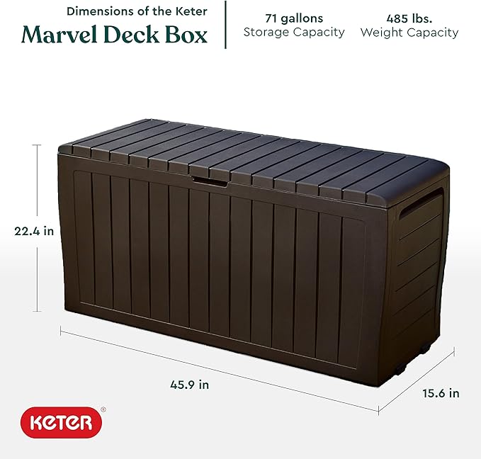 EAST OAK Deck Box, 31 Gallon Indoor and Outdoor Storage Box with Padlock for Patio Cushions & Keter Marvel Plus 71 Gallon Resin Outdoor Box for Patio Furniture Cushion Storage, Brown