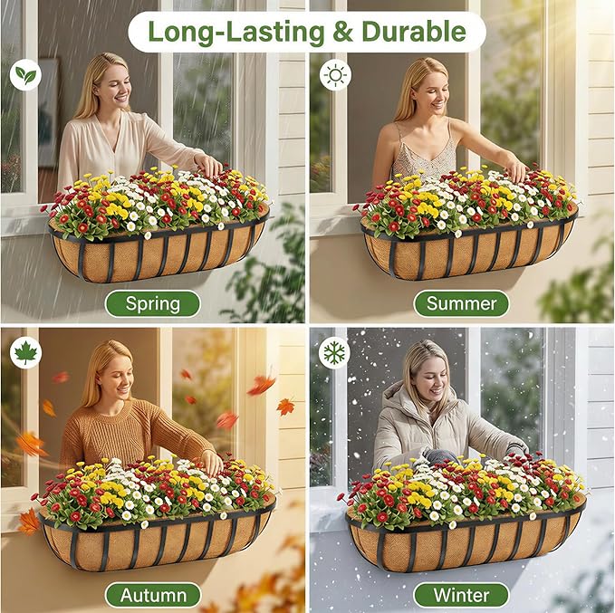 30 Inch Window Deck with Coco Liner, 30" Window Boxes Horse Trough with Coconut Coir Liner, Fence Metal Hanging Flower Planter Window Basket Deck Railing Planter Boxes for Outdoor Garden Lawn, 2pcs