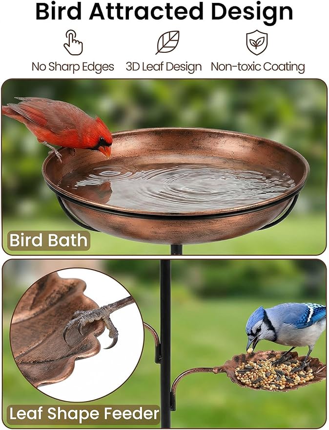 36" Metal Bird Bath & Feeder - Rust-Resistant Antique Design, Ultra-Stable 5-Prong Base & Detachable Easy-Clean Bowl - Tool-Free 3-Min Assembly Garden Decor for Outdoors, Patio, Backyard