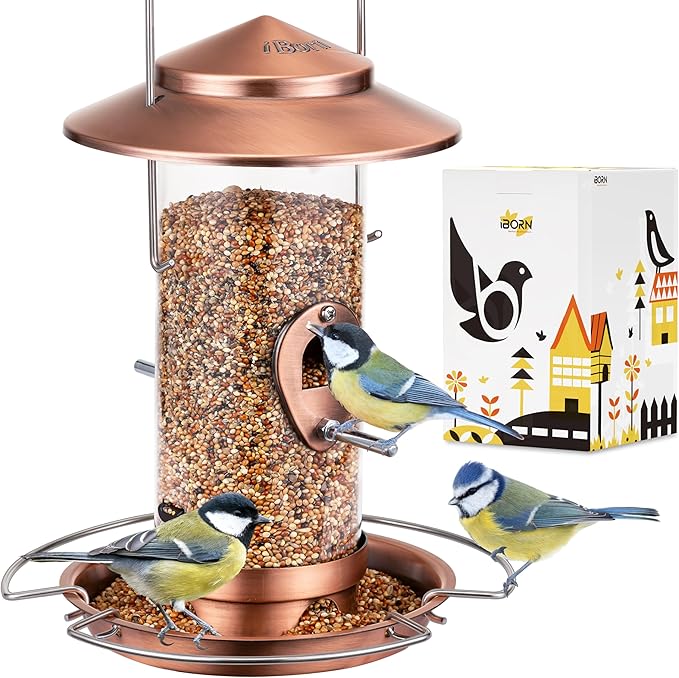 iBorn Bird Feeder Squirrel-Chew Proof Metal Hanging Birds Feeder Bird Feeders for Outdoors Hanging Outside for Cardinal, 3 Perches with 2 Feeding Ports, Brushed Copper (Seed is not Included)