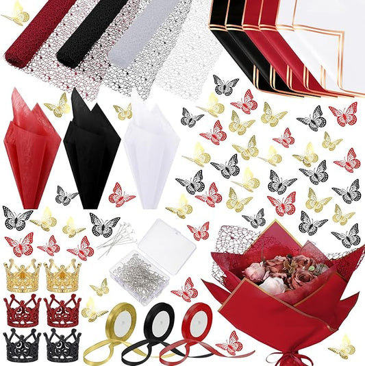 Qilery 334 Pcs Flower Wrapping Paper Set,153 Waterproof Floral Bouquet Wrapping Paper,72 3D Gold Butterfly Decoration,100 Pins, 6 Crowns and 3 Ribbons for DIY Craft(Red, Black, White)