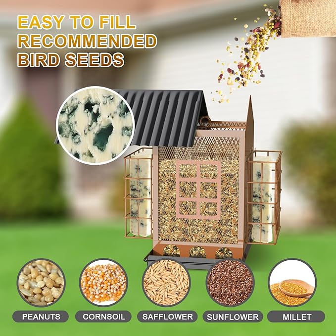 FlowaFoli Bird Feeders for Outdoors Hanging, Metal Bird Feeder with Double Suet Cage Cake, Large Capacity, Birdfeeders Sturdy & Weatherproof, Easy to Clean & Refill, Great for Attracting Wild Birds