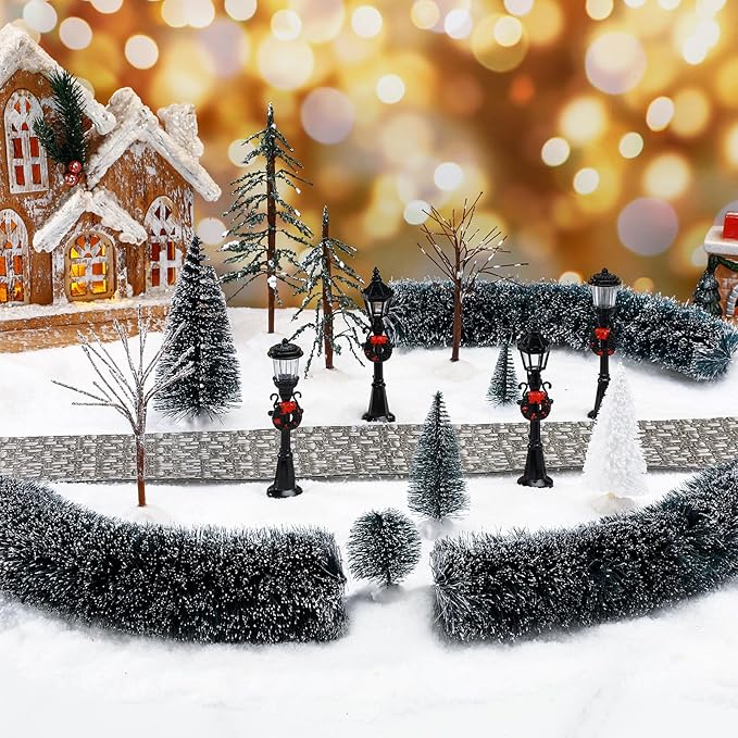 Hotop 18pc Christmas Village Accessories 47.2 Inch Village Roads Mini Snowy Trees Streets Light Lamppost Hedge Figurines Set for Display Winter Holiday Decorations DIY Crafts No Batteries(Rustic)
