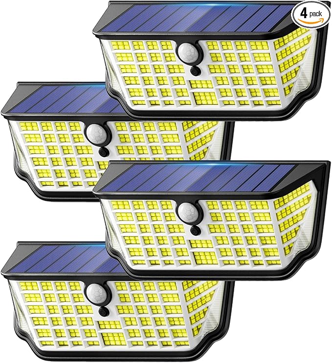 Solar Lights Outdoor Waterproof 4 Pack, 300° Angle & 3 Lighting Modes Motion Sensor Outdoor Lights, LED Solar Security Flood Lights for Fence Wall Deck Yard Front Door Garden Garage