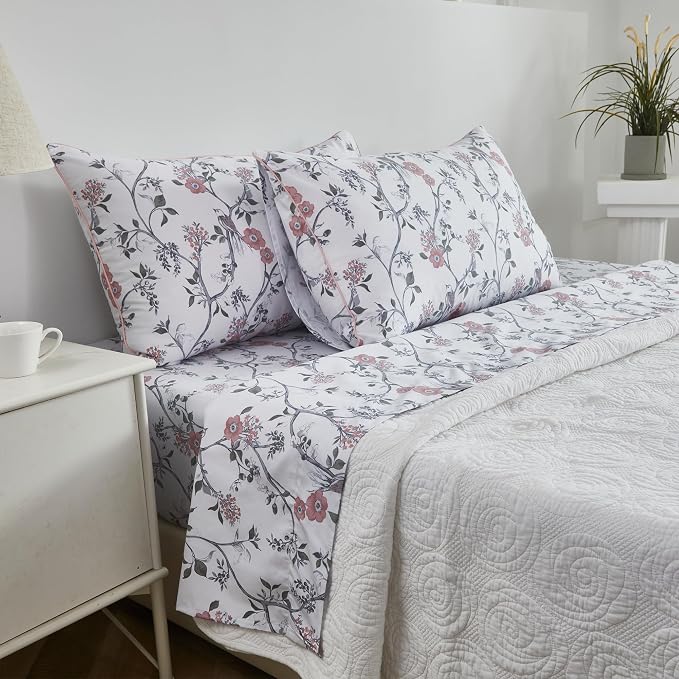 FADFAY Sheets Set Twin XL Rustic Bird Floral College Bedding Vintage Botanical Dorm Sheets Shabby Branches Bedding 100% Egyptian Cotton Soft Sets with Deep Pocket Fitted Sheet 4Pcs, Twin XL Size